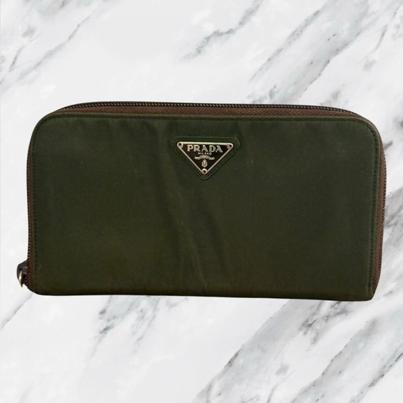 Prada Dark Green Tessuto Nylon Continental Zip Wallet Authentic - Picture 1 of 10